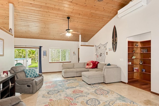 living room with ceiling fan, high vaulted ceiling, a wall mounted AC, and wood ceiling