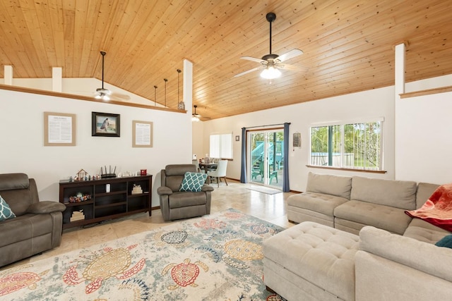 living room with ceiling fan, wood ceiling, and high vaulted ceiling