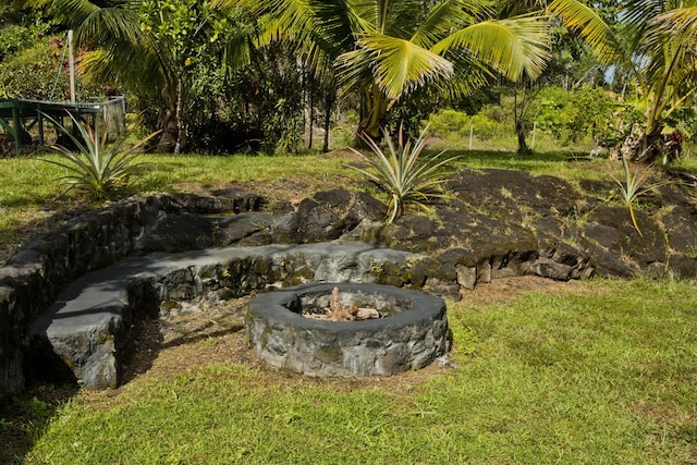 view of yard with a fire pit