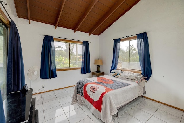 tiled bedroom featuring multiple windows, wood ceiling, and vaulted ceiling with beams