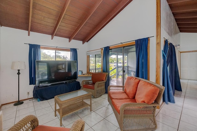 living room featuring beam ceiling, light tile patterned floors, wood ceiling, and high vaulted ceiling