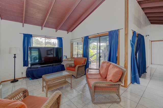 tiled living room with beam ceiling, high vaulted ceiling, and wooden ceiling