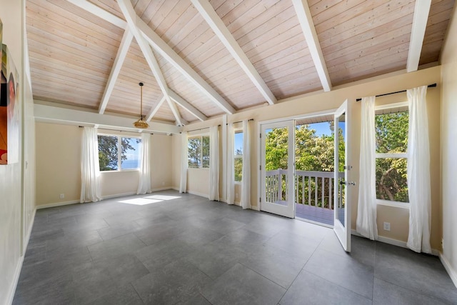 unfurnished sunroom with wood ceiling, plenty of natural light, and lofted ceiling with beams