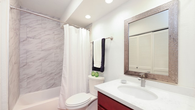 full bathroom featuring vanity, toilet, and shower / bathtub combination with curtain