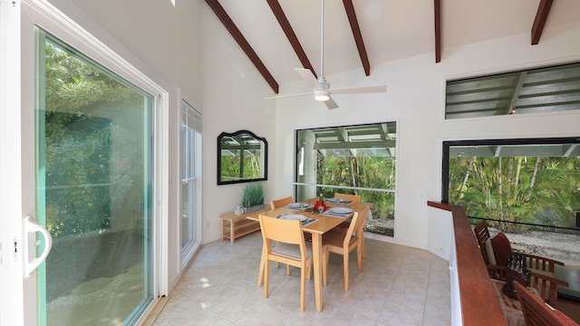 sunroom / solarium featuring ceiling fan and lofted ceiling with beams