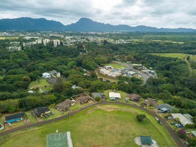 drone / aerial view featuring a mountain view