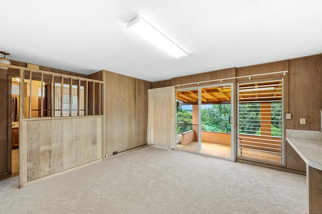 spare room featuring a textured ceiling, light carpet, and wood walls