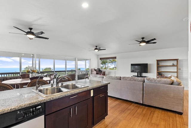 kitchen with dishwashing machine, sink, lofted ceiling, light hardwood / wood-style flooring, and dark brown cabinetry