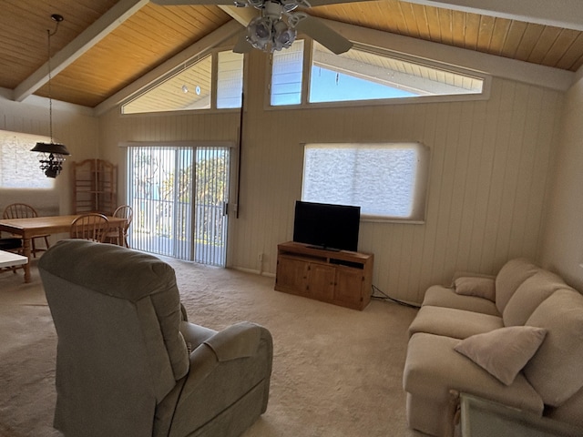 living room with light colored carpet, ceiling fan, high vaulted ceiling, beamed ceiling, and wood walls