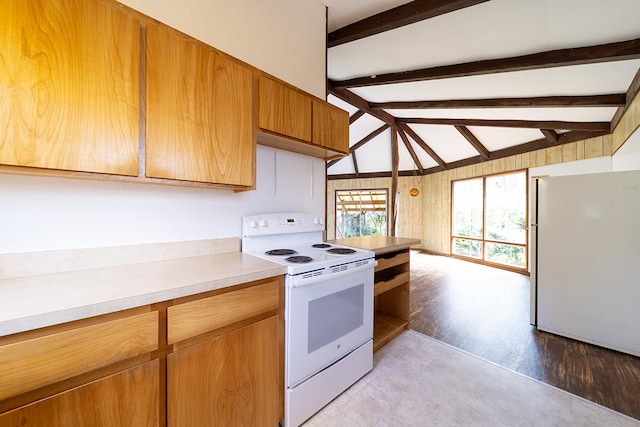 kitchen with lofted ceiling with beams and white appliances