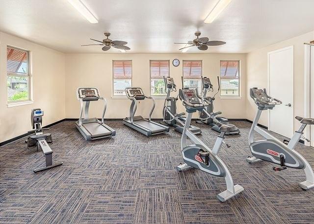 workout area with a wealth of natural light, ceiling fan, and dark carpet