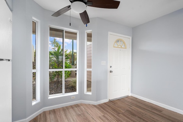 entryway with hardwood / wood-style flooring, ceiling fan, and a healthy amount of sunlight