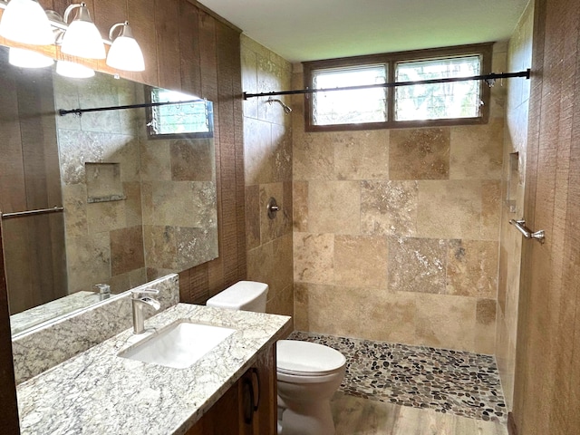 bathroom with a tile shower, vanity, hardwood / wood-style flooring, and toilet