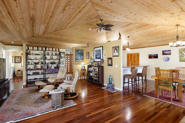 living room featuring lofted ceiling, dark wood-type flooring, wood ceiling, and ceiling fan with notable chandelier