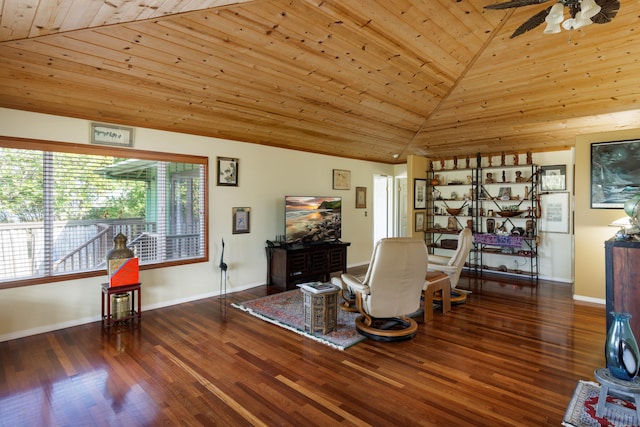 living area with dark hardwood / wood-style flooring, ceiling fan, lofted ceiling, and wood ceiling