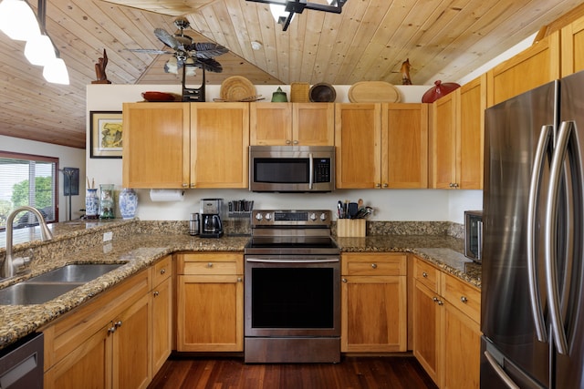 kitchen featuring appliances with stainless steel finishes, ceiling fan, wood ceiling, and sink