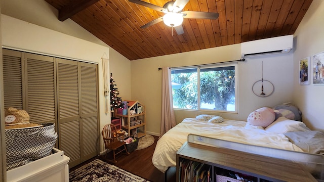 bedroom featuring a wall mounted air conditioner, wooden ceiling, dark wood-type flooring, ceiling fan, and vaulted ceiling with beams