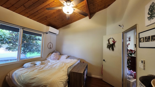 bedroom with a wall mounted air conditioner, ceiling fan, wooden ceiling, dark hardwood / wood-style floors, and lofted ceiling