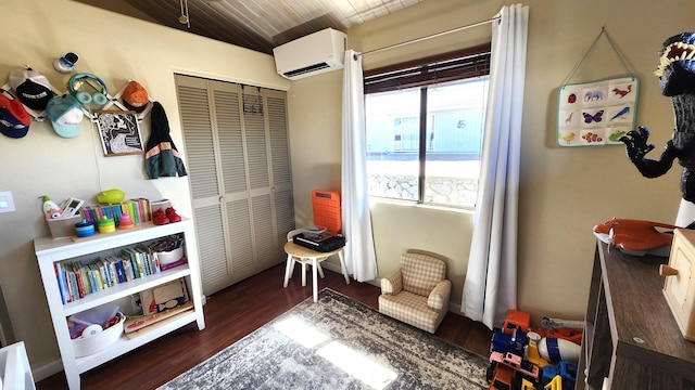 interior space featuring a wall mounted air conditioner, dark hardwood / wood-style floors, vaulted ceiling, and wooden ceiling