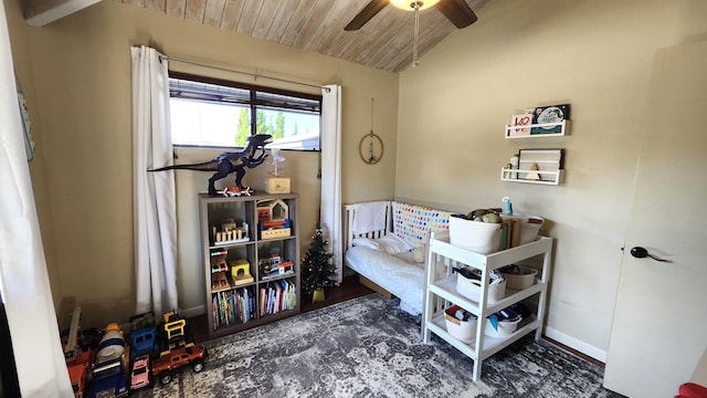 bedroom featuring ceiling fan, lofted ceiling, and wood ceiling