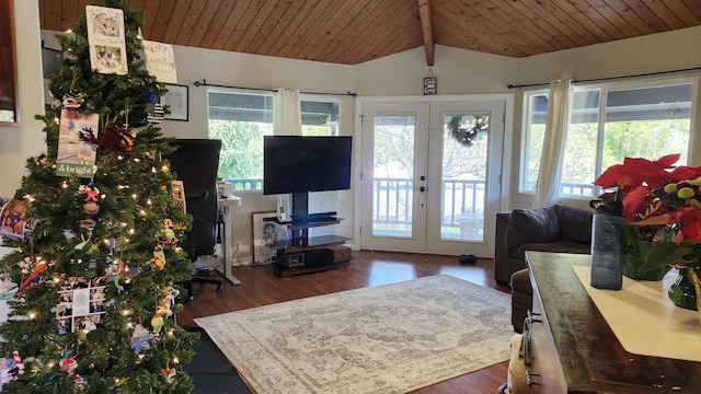 living room with french doors, dark hardwood / wood-style flooring, lofted ceiling with beams, and wooden ceiling