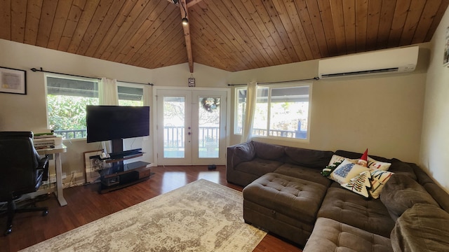 living room featuring a wall mounted air conditioner, french doors, dark hardwood / wood-style floors, and wooden ceiling