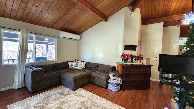 living room featuring beam ceiling, wooden ceiling, dark wood-type flooring, a wall mounted air conditioner, and high vaulted ceiling