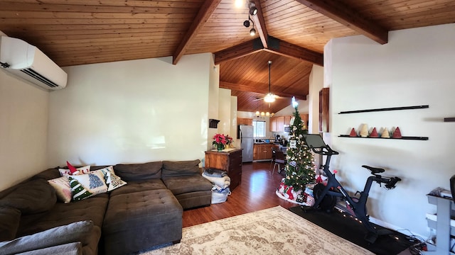 living room featuring vaulted ceiling with beams, dark hardwood / wood-style floors, an AC wall unit, and wood ceiling