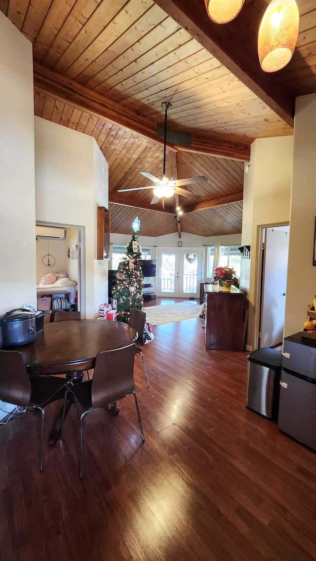 dining space with wooden ceiling, french doors, lofted ceiling with beams, ceiling fan, and dark hardwood / wood-style flooring