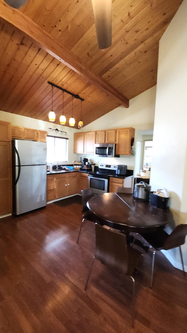 kitchen featuring appliances with stainless steel finishes, wood ceiling, pendant lighting, beamed ceiling, and dark hardwood / wood-style floors