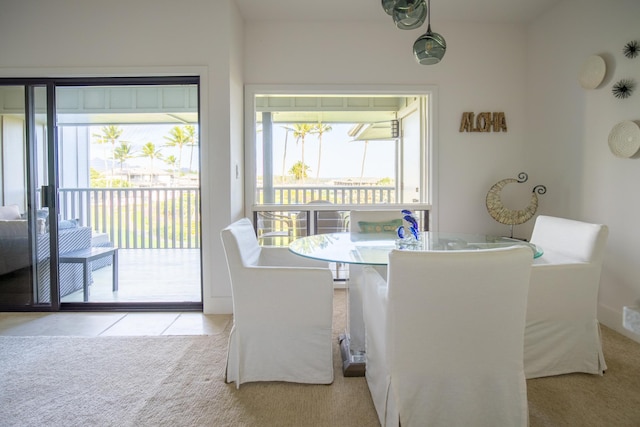 dining area with light colored carpet