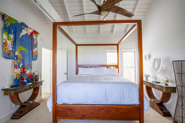 bedroom with ceiling fan, lofted ceiling with beams, carpet floors, and wooden ceiling