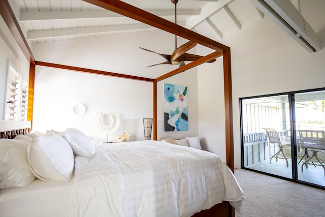 carpeted bedroom featuring access to exterior, high vaulted ceiling, and beamed ceiling