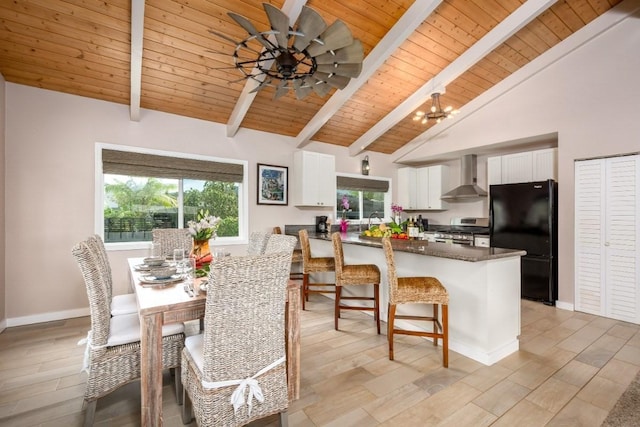 dining room featuring beamed ceiling, wood ceiling, and ceiling fan with notable chandelier