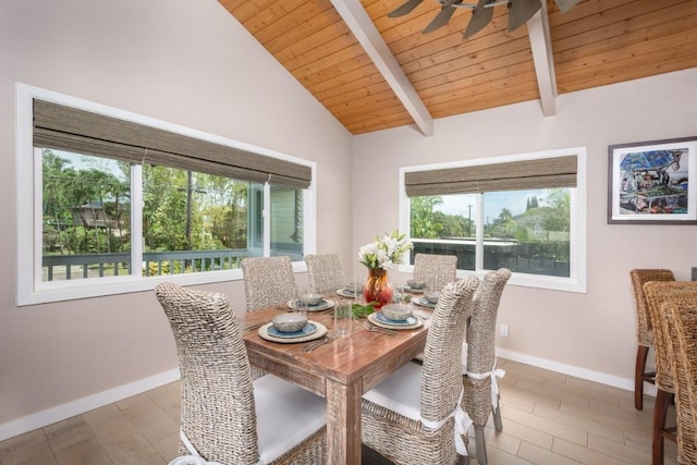 dining space featuring vaulted ceiling with beams, wood ceiling, and light wood-type flooring