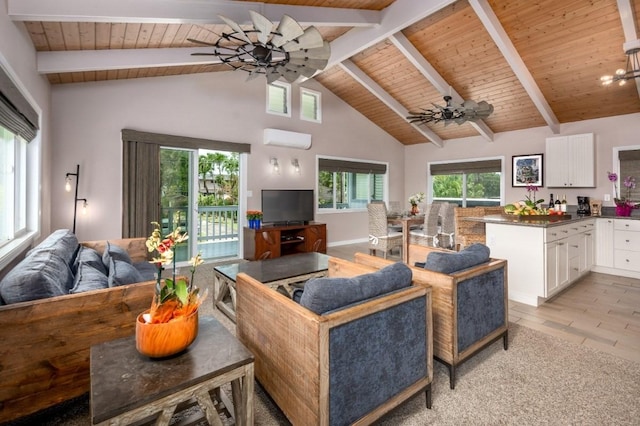 living room featuring beam ceiling, wooden ceiling, a healthy amount of sunlight, and a wall mounted air conditioner