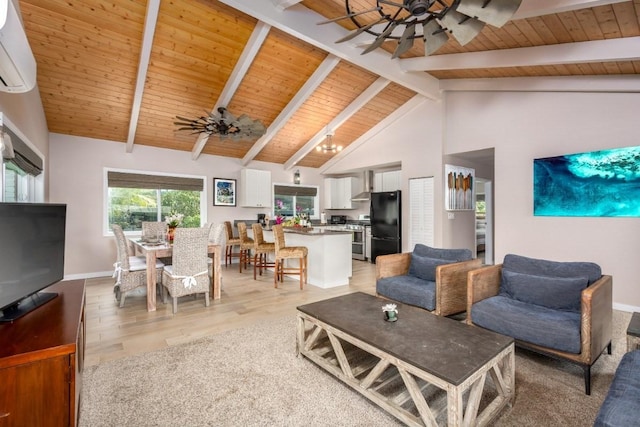 living room featuring a wall unit AC, light hardwood / wood-style flooring, beamed ceiling, and wood ceiling