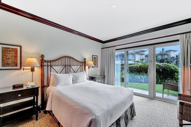 bedroom featuring crown molding, light colored carpet, and access to exterior