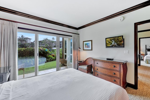 bedroom with ornamental molding, access to exterior, and light carpet