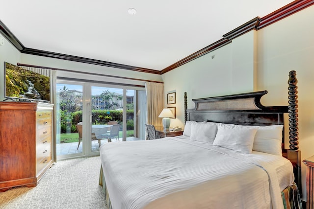 carpeted bedroom featuring access to outside and ornamental molding