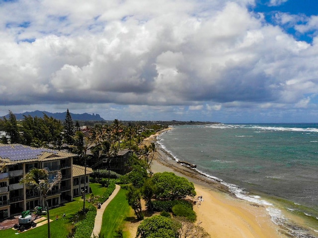 aerial view featuring a water view and a beach view