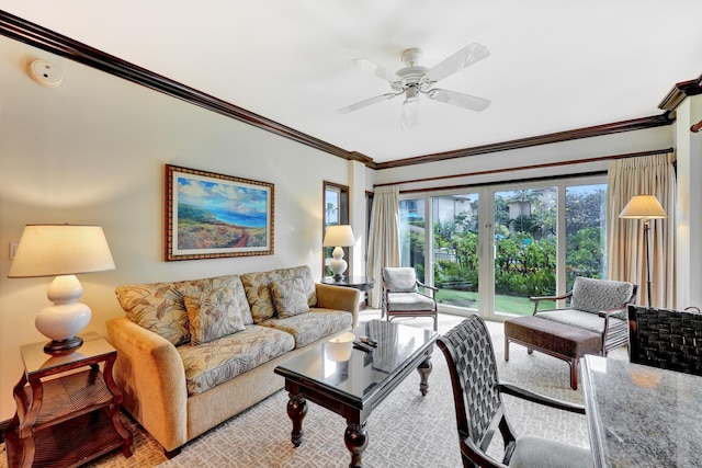 living room featuring crown molding and ceiling fan