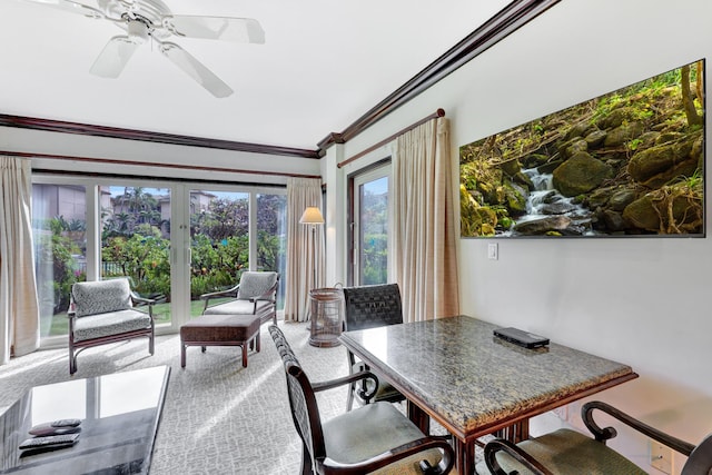 carpeted office space featuring ceiling fan and ornamental molding