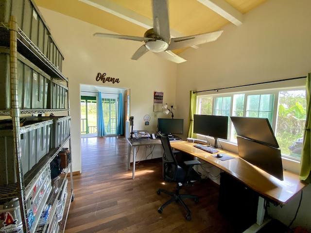 office area with beam ceiling, dark hardwood / wood-style flooring, high vaulted ceiling, and a healthy amount of sunlight