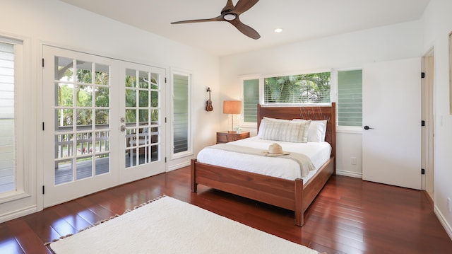 bedroom with ceiling fan, access to exterior, dark hardwood / wood-style flooring, and french doors