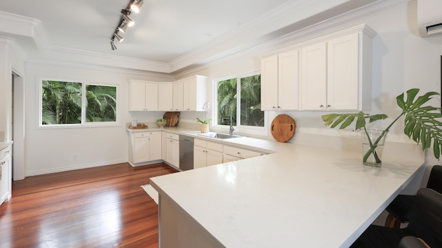 kitchen featuring sink, white cabinetry, kitchen peninsula, and dishwasher