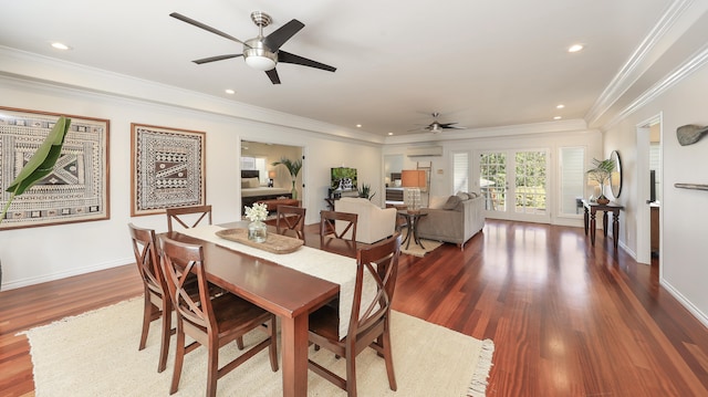 dining room with crown molding, dark wood-type flooring, a wall mounted AC, and ceiling fan