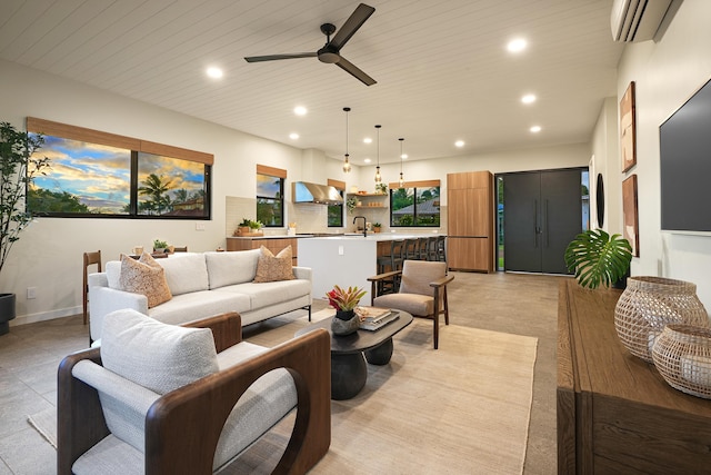 living room featuring a wall unit AC, ceiling fan, wooden ceiling, and sink