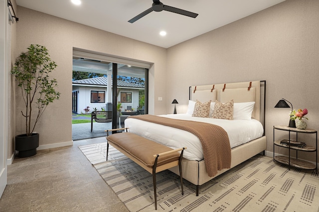 bedroom with access to exterior and ceiling fan