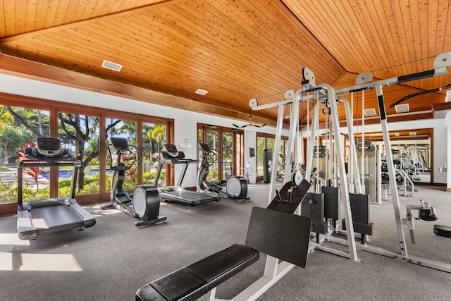 gym with vaulted ceiling and wood ceiling